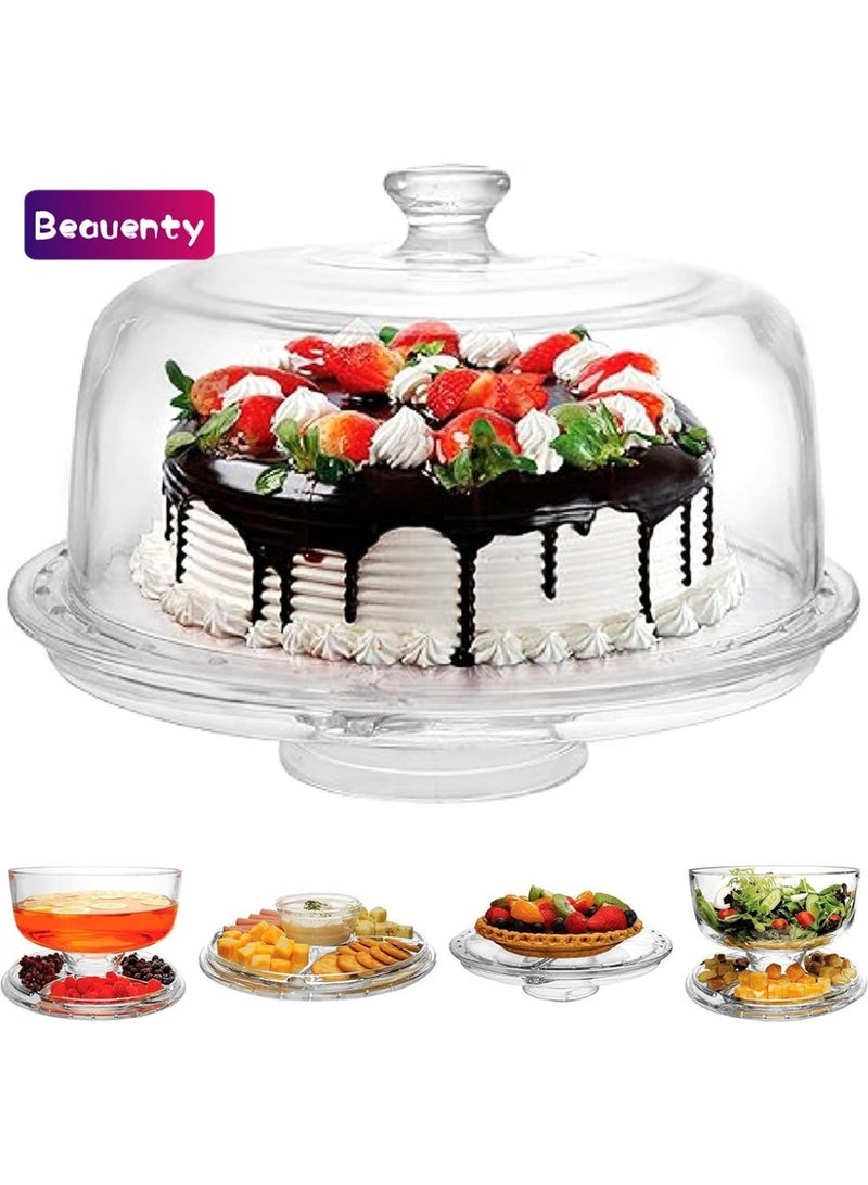 Beauenty Extra Large (12") 6 in 1 Acrylic Cake Stand with Dome Lid Multifunctional Serving Platter and Plate, Salad Bowl/Veggie Platter/Punch Bowl/Desert Platter/Chips & Dip - BPA Free - Image 1